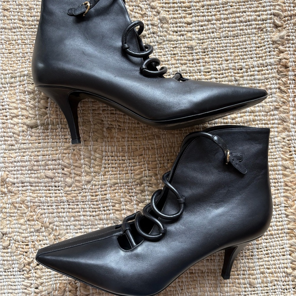 Salvatore Ferragamo Black Leather Loop-Lace Ankle Boots (Made in Italy)
